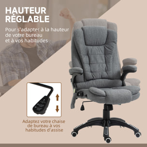 Fauteuil de bureau direction massant chauffant hauteur réglable dossier inclinable toile de lin gris chiné