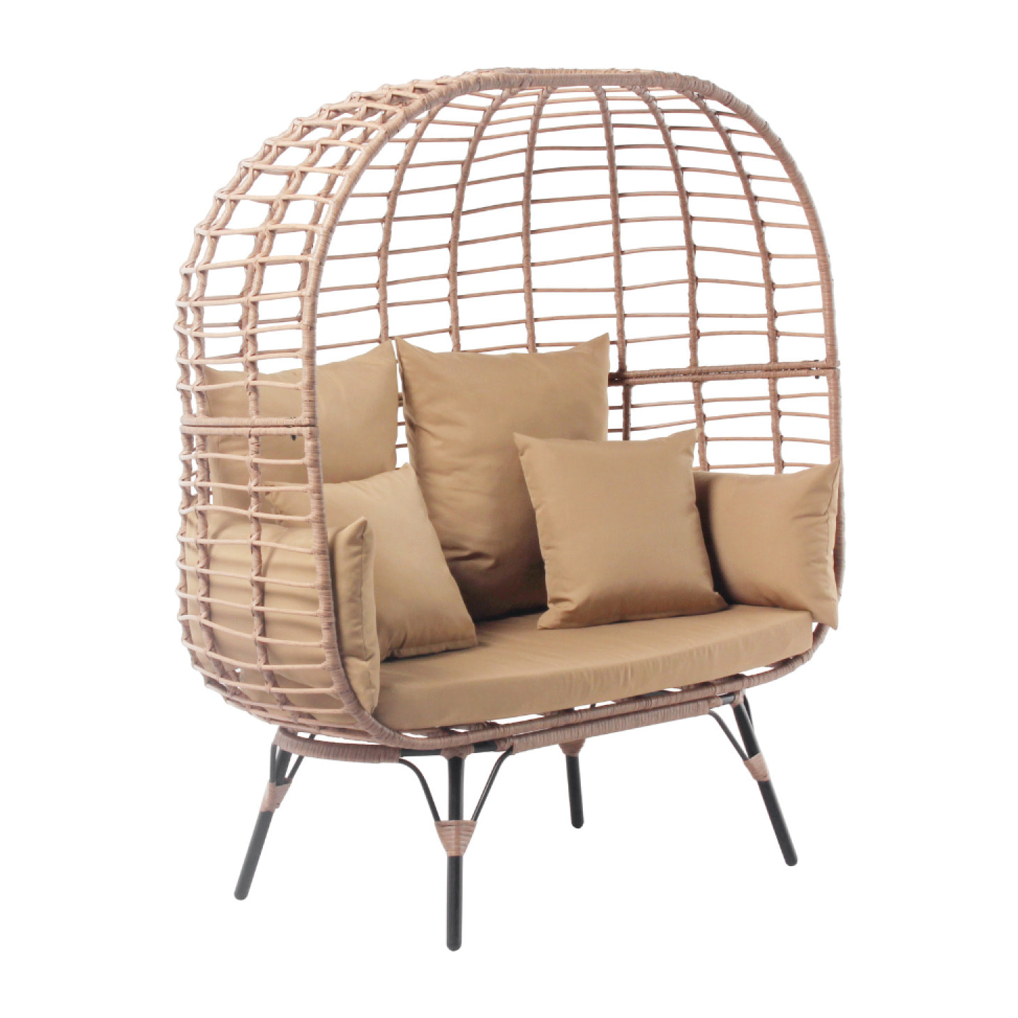 Ensemble fauteuil sur pied effet rotin et repose-pieds avec coussin beige JIMMY