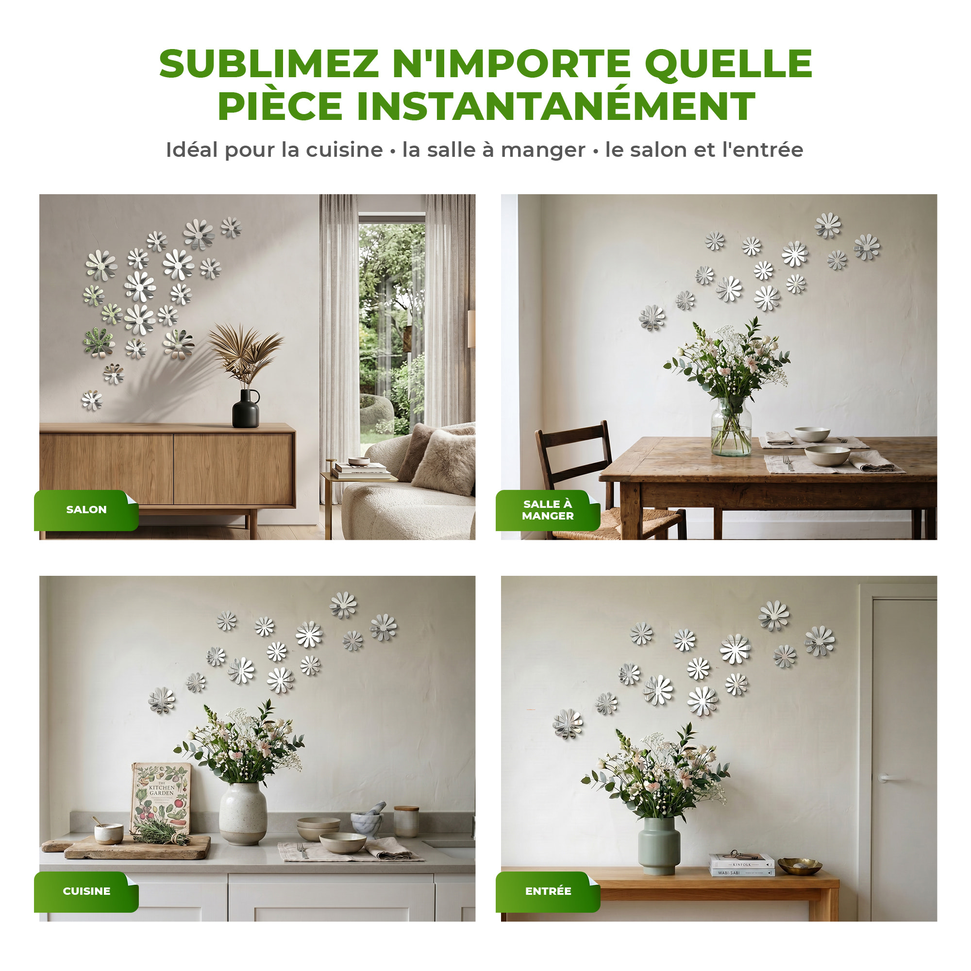 Pack de 12 fleurs 3D chics adhésives MIROIR