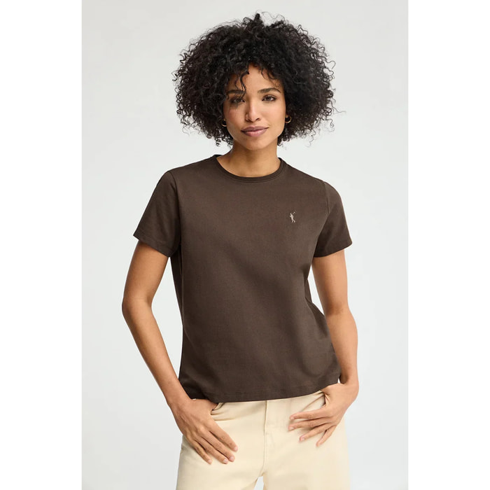 Camiseta color chocolate de manga corta y cuello redondo con bordado Rigby Go