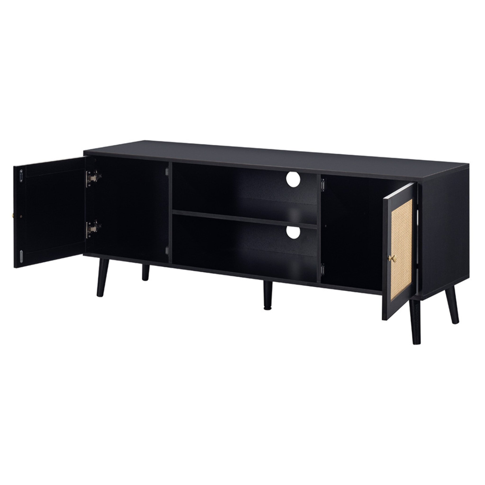 Goto - meuble tv - noir et cannage - 2 portes et 2 niches - 140 cm - Noir