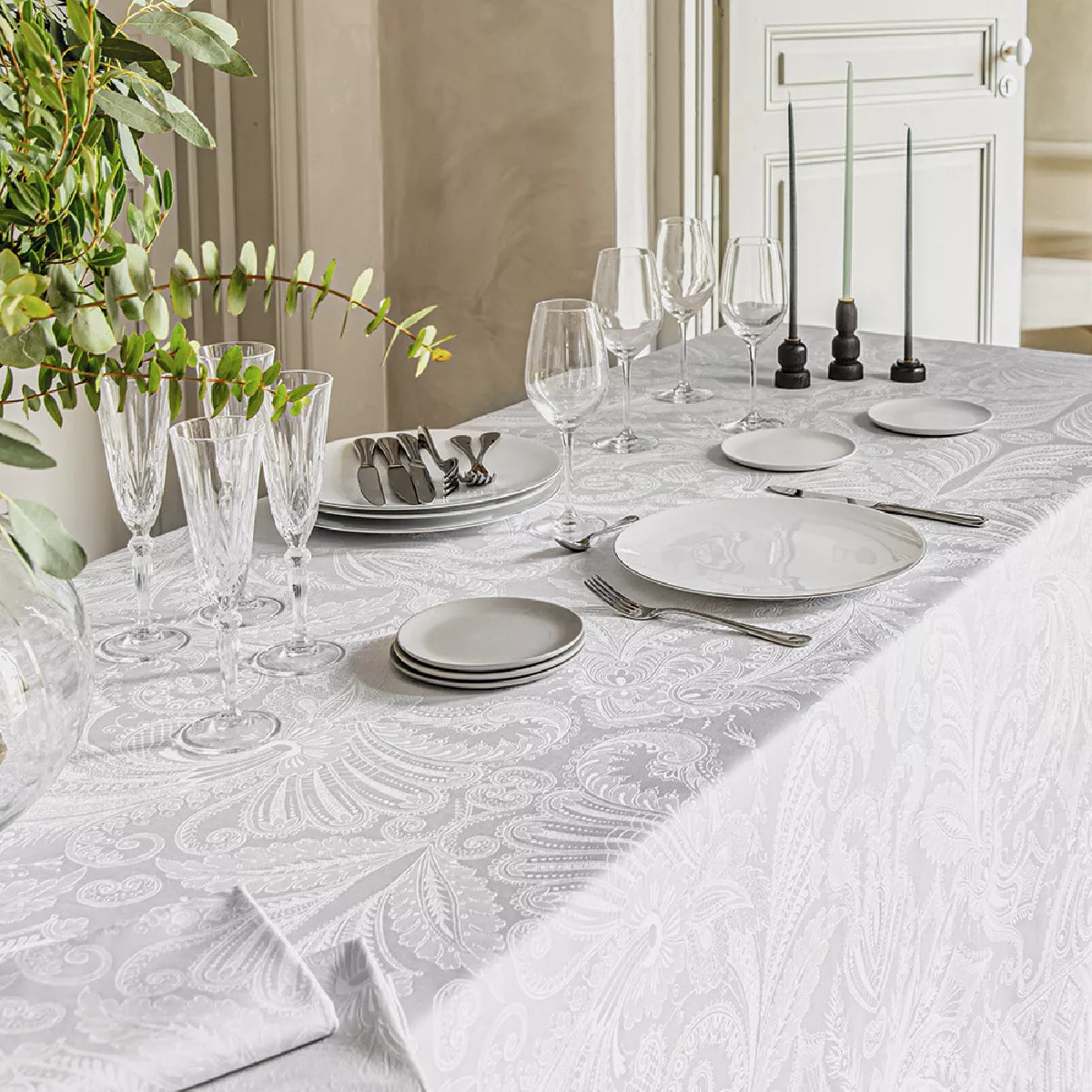Set pur coton anti tache motif jacquard Grace perle