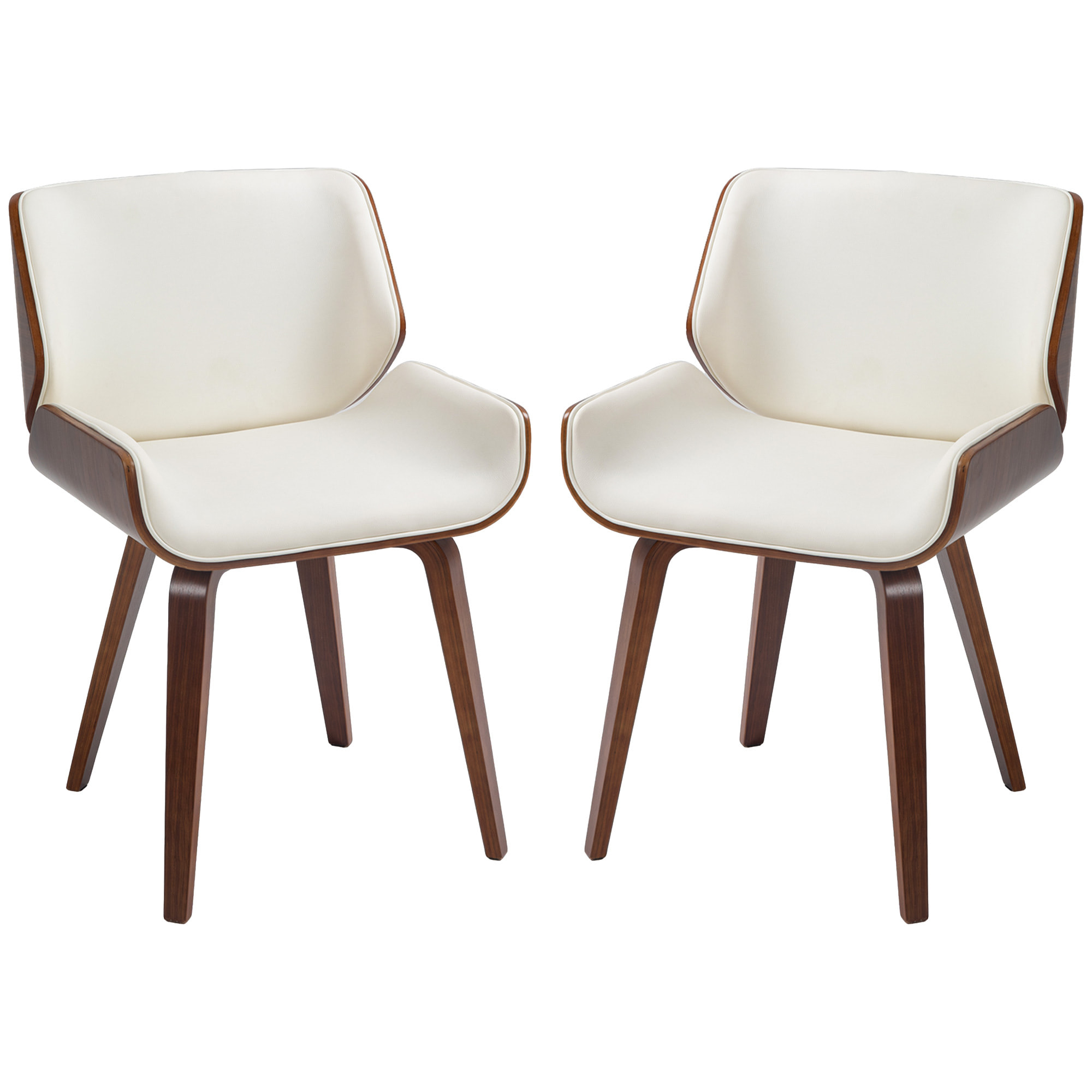 Lot de 2 chaises design vintage piètement châssis bois peuplier aspect noyer revêtement mixte synthétique tissu crème