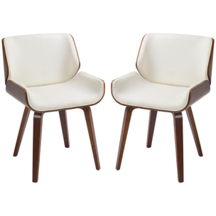 Lot de 2 chaises design vintage piètement châssis bois peuplier aspect noyer revêtement mixte synthétique tissu crème