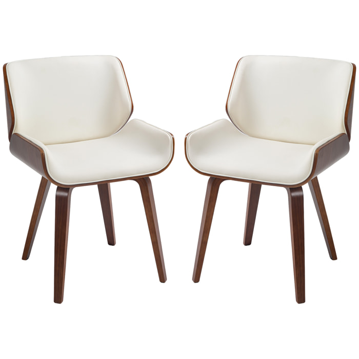 Lot de 2 chaises design vintage piètement châssis bois peuplier aspect noyer revêtement mixte synthétique tissu crème