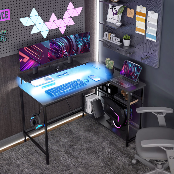 Bureau d'angle réversible avec LED, 2 prises et 2 ports USB, 107x80cm, avec étagère, support d'écran, noir