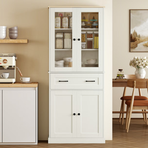 Alacena de Cocina, Mueble Auxiliar de Cocina con 2 Puertas de Acrílico, Cajón Grande, Estantes Ajustables, para Comedor, 76x40x182,5 cm, Crema