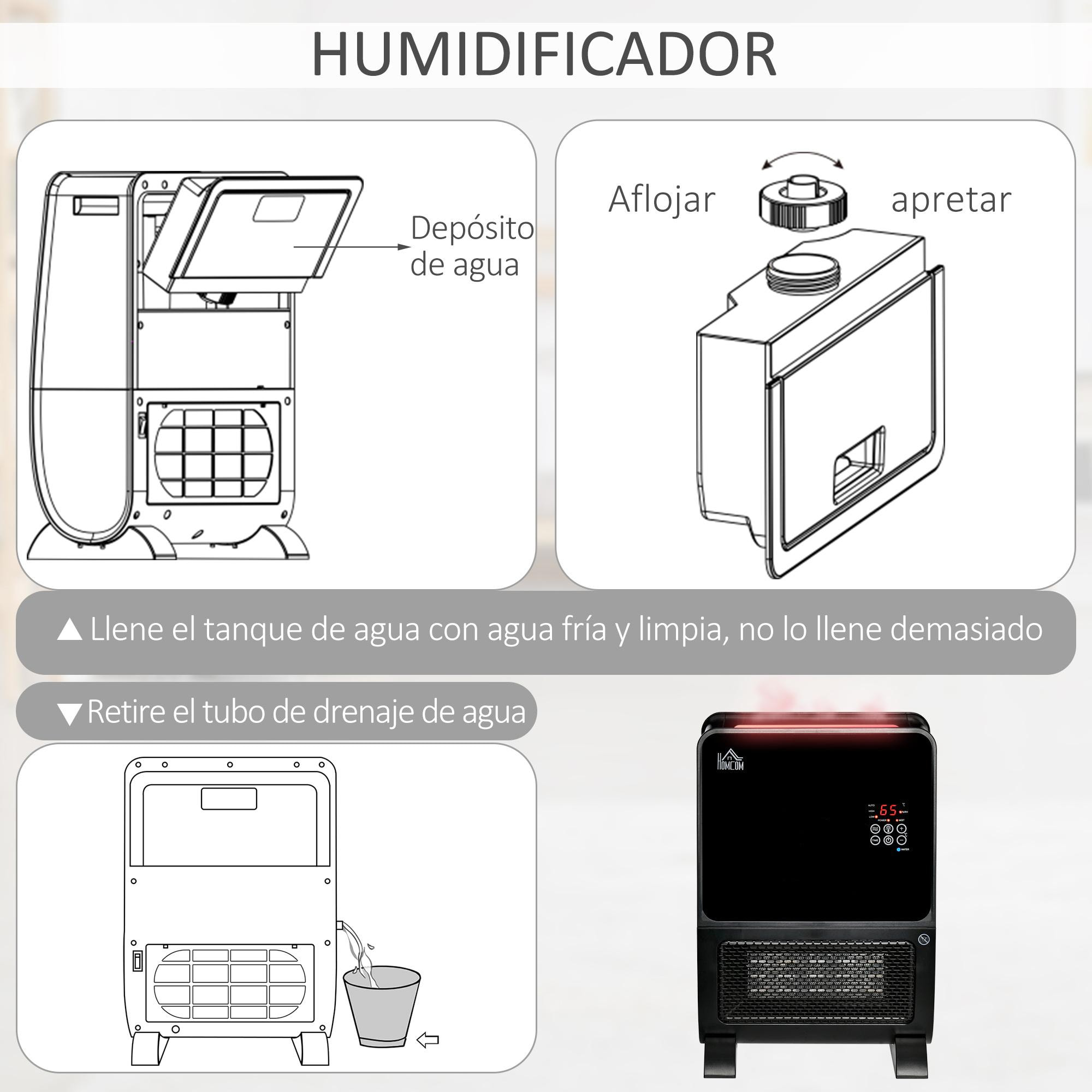 HOMCOM Calefactor Eléctrico Portátil 2000W 2 en 1 Radiador Cerámico con Humidificador Función de Desinfección Mando a Distancia Termostato Temporizador Luces LED para Sala de 30 m² 33x21x49,5 cm Negro