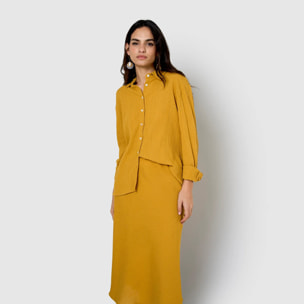 Falda midi evasé algodón lino ocre