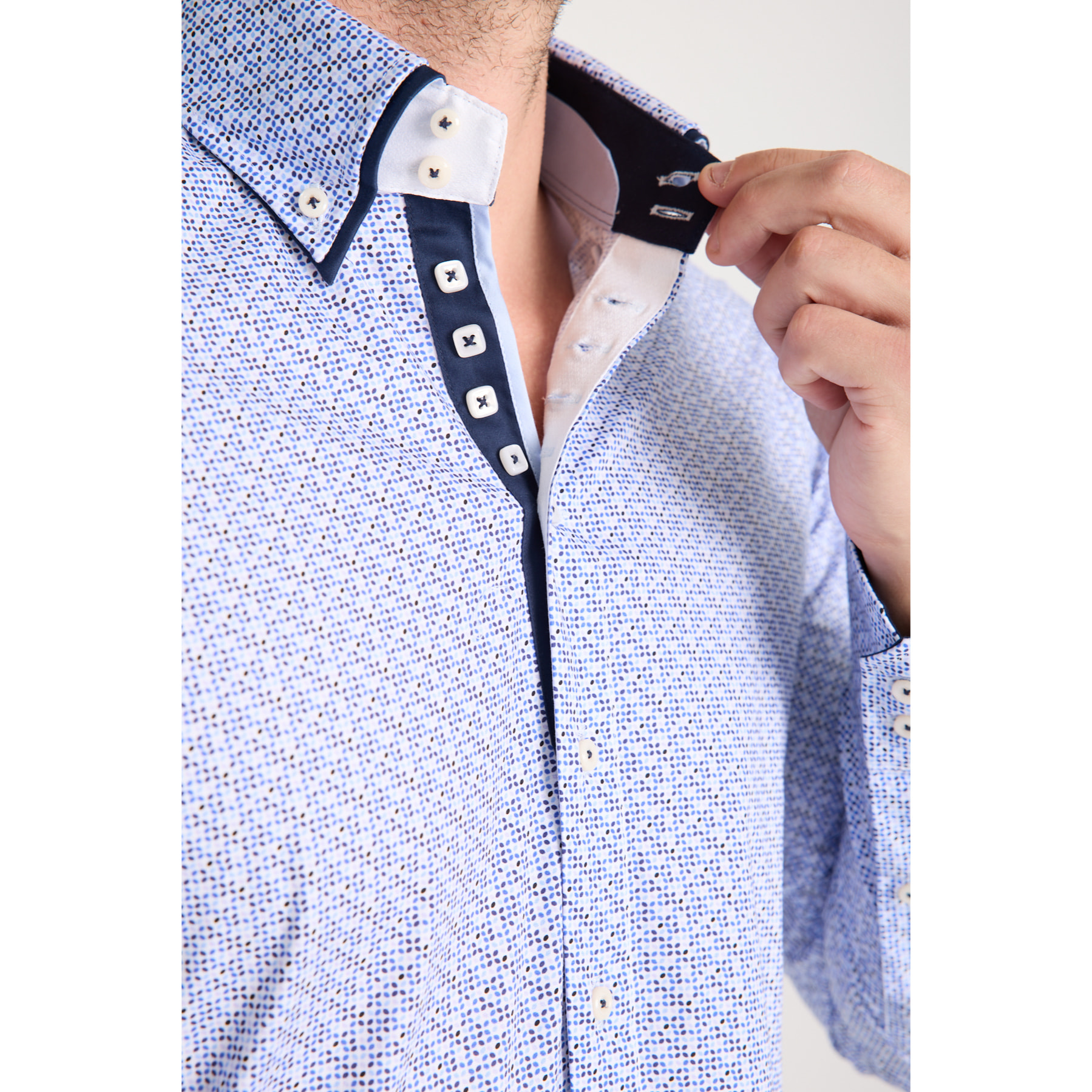 Camicia Uomo 2 Bottoni Button Down 7bottoni Doppio Coll Popeline Stretch Stampato Bianco/Celeste