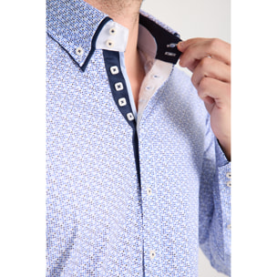 Camicia Uomo 2 Bottoni Button Down 7bottoni Doppio Coll Popeline Stretch Stampato Bianco/Celeste