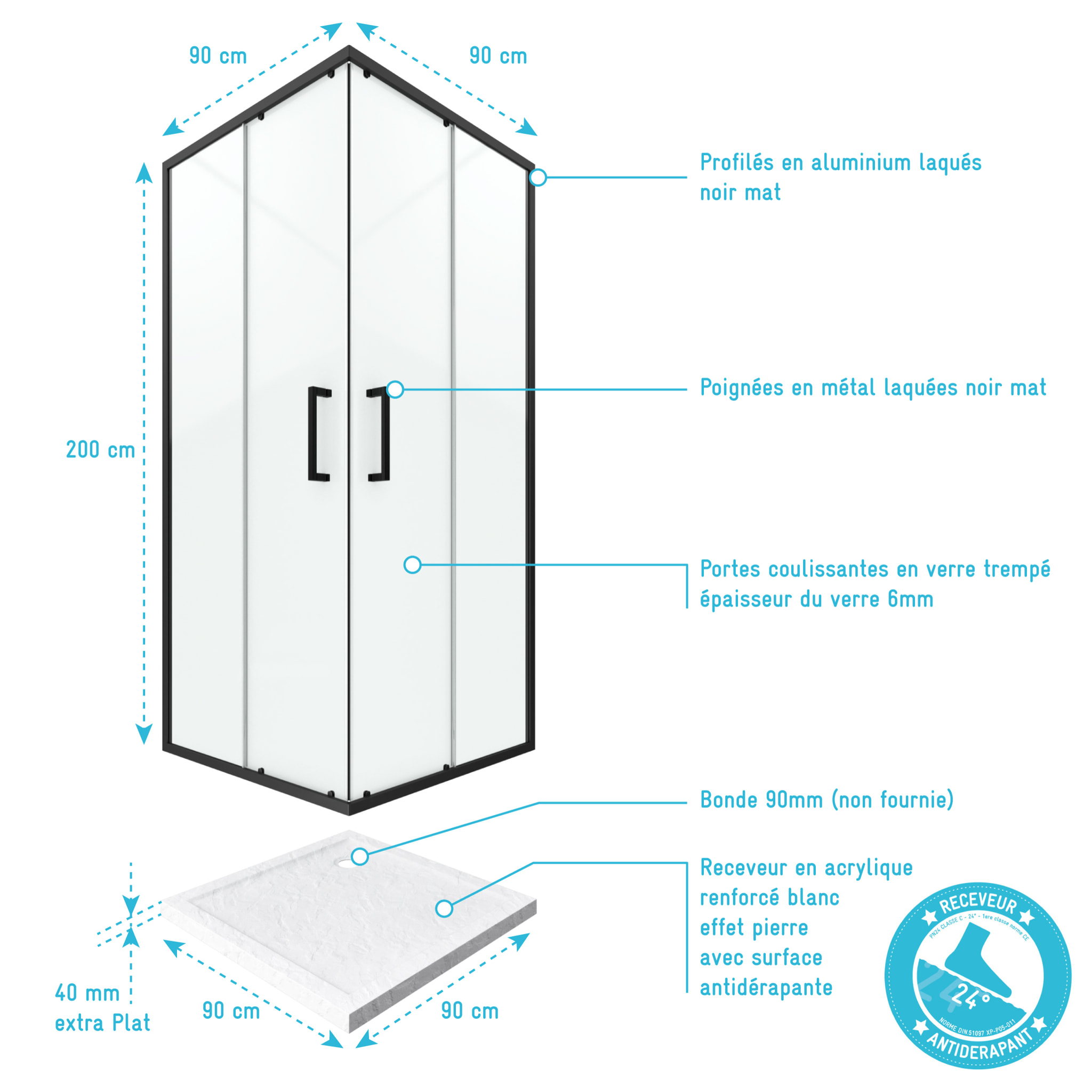 PACK PAROI PORTE DE DOUCHE D'ANGLE+ RECEVEUR A POSER-90x90 OUVERTURE EN ANGLE-CRUSH MOON ANGLE 90x90