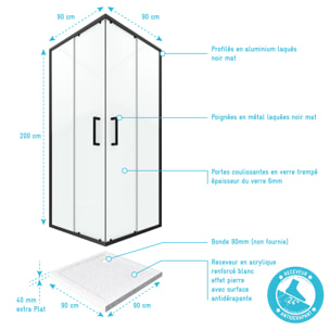 PACK PAROI PORTE DE DOUCHE D'ANGLE+ RECEVEUR A POSER-90x90 OUVERTURE EN ANGLE-CRUSH MOON ANGLE 90x90