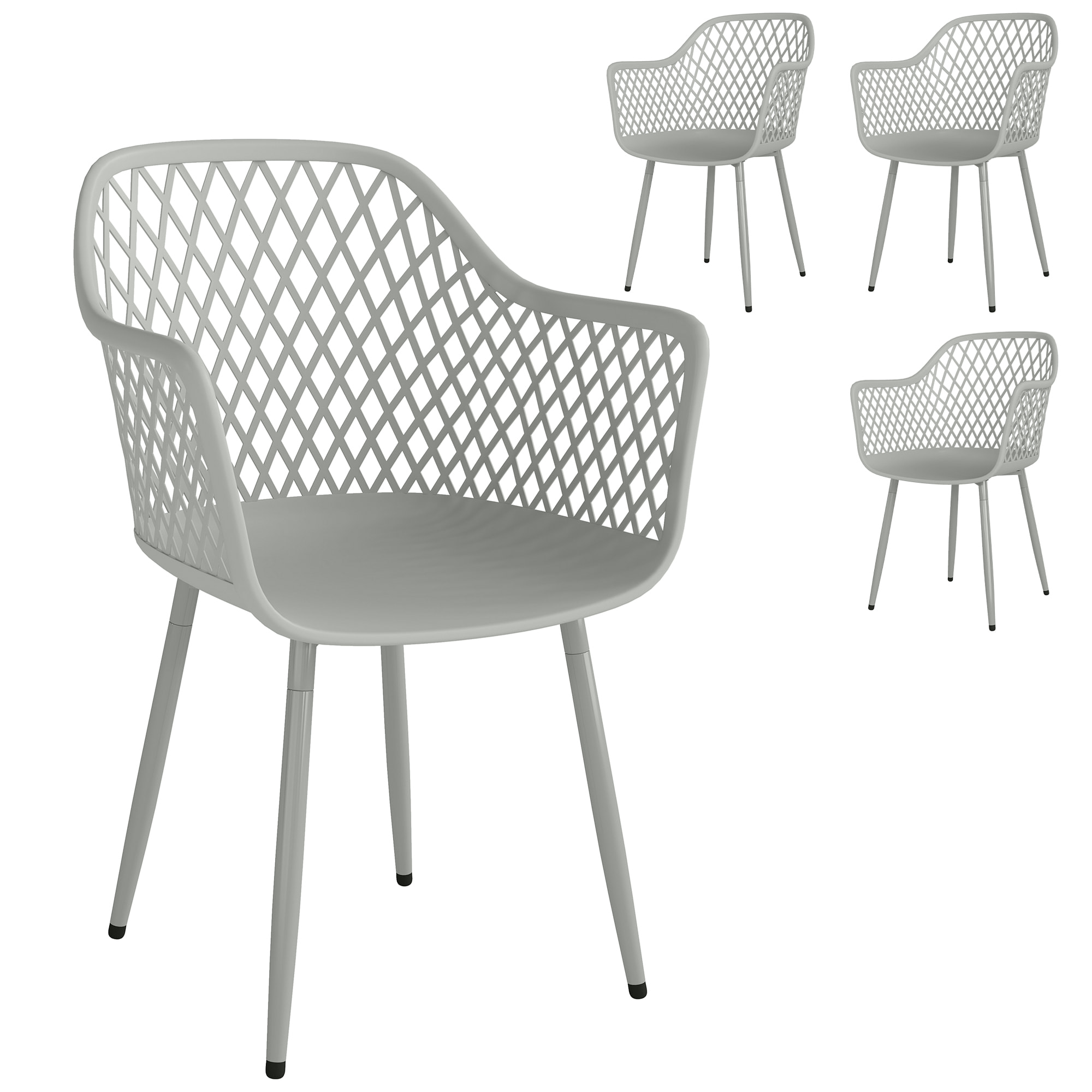 Juego de 4 Sillas de Jardín Exterior, Sillas Terraza Exterior con Respaldo Diamante, Asiento de PP Anti-UV, Reposabrazos y Patas Metálicas, para Terraza, Balcón, 56x51x84 cm, Gris