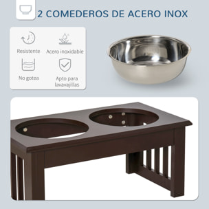 Comedero Elevado para Perros con Soporte y 2 Cuencos Extraíbles de Acero Inoxidable Alimentador para Mascotas Alimento y Agua 44x24x15 cm Marrón