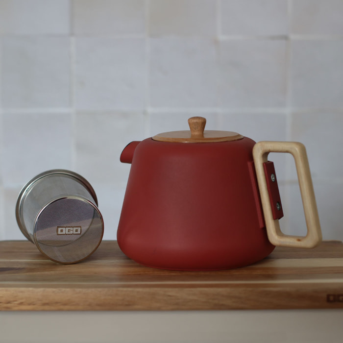 Théière en fonte rouge avec couvercle en bois 1L VIGGO