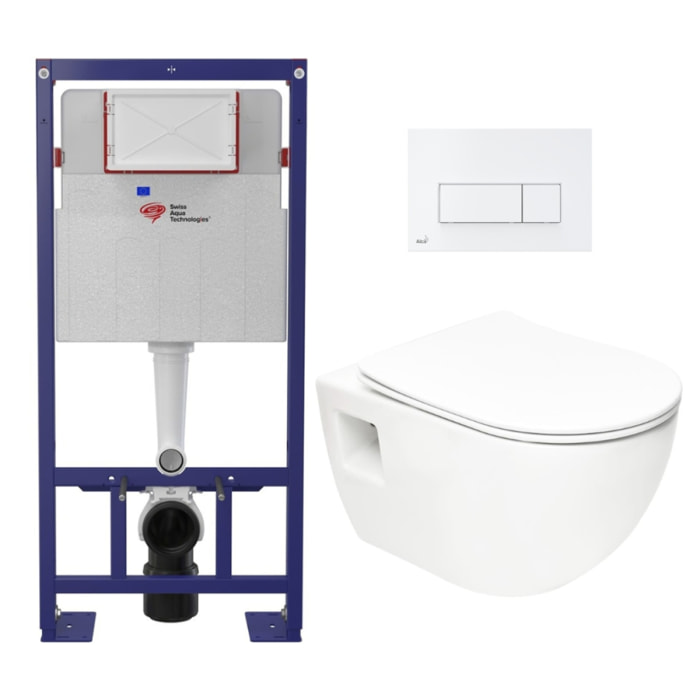 Pack WC Bâti-support Autoportant + WC sans bride SAT  + Abattant SoftClose + Plaque Blanche (SMART-Project-4)