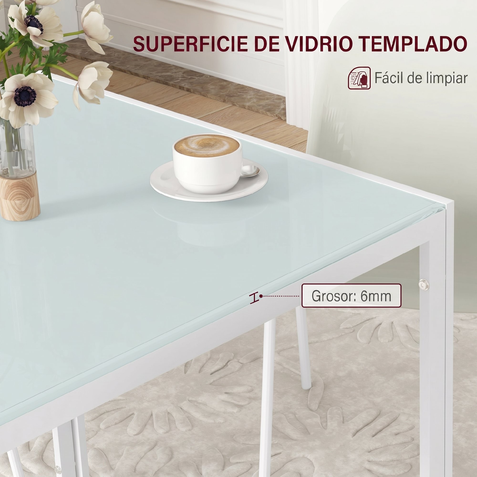 HOMCOM Mesa de Comedor de Cristal, Mesa Cuadrada para 4 Personas con Patas de Metal, para Cocina, Salón, 75x75x75 cm, Blanco