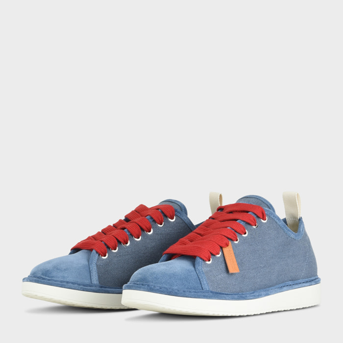 ZAPATO CON CORDONES HOMBRE P01 DE LINO Y ANTE DENIM AZUL BÁSICO ROJO