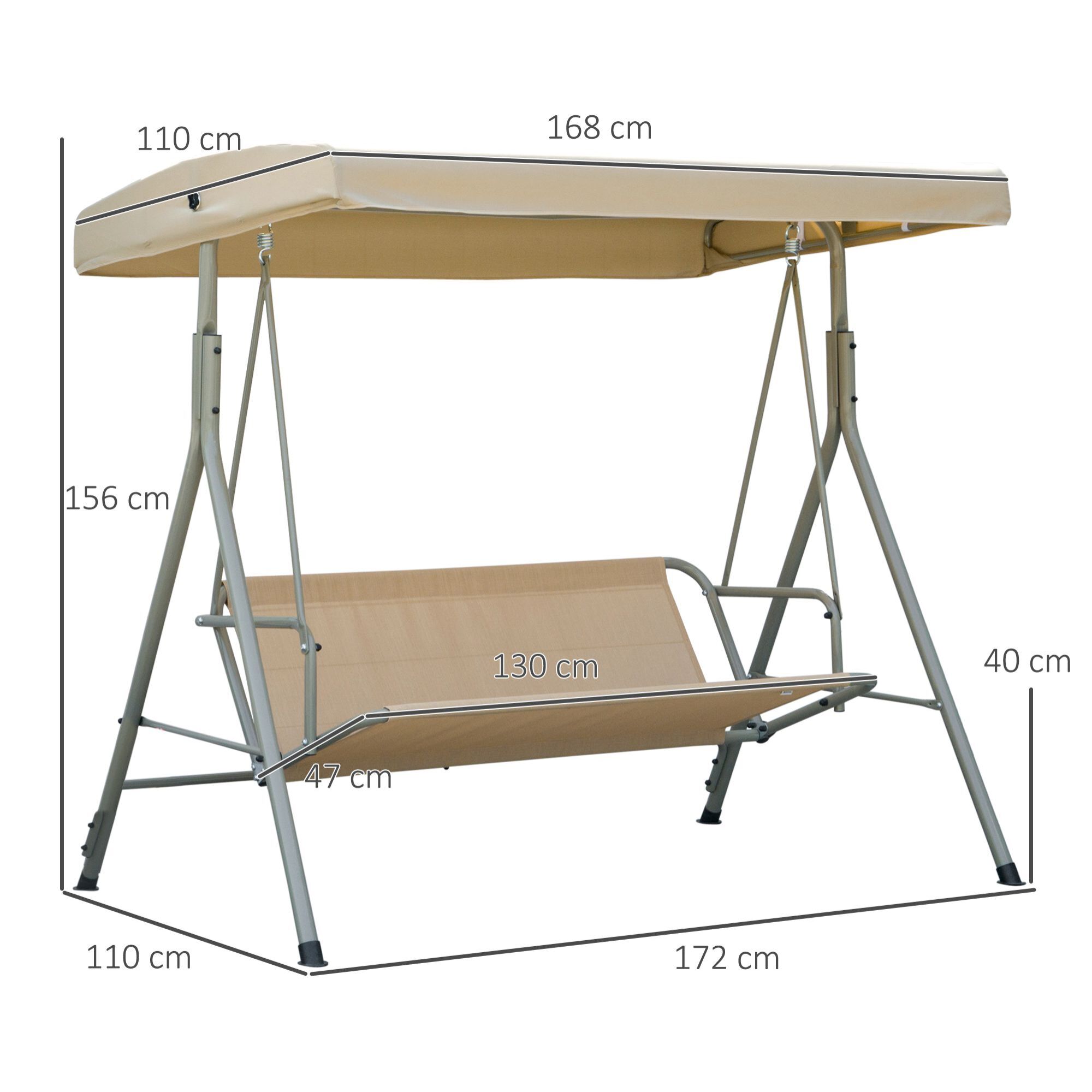 Columpio de Jardín Exterior de 3 Plazas, Balancín de Jardín Exterior con Techo Ajustable y Marco de Acero, para Balcón, Terraza, Patio, Carga 210 kg, 172x110x156 cm, Marrón Claro