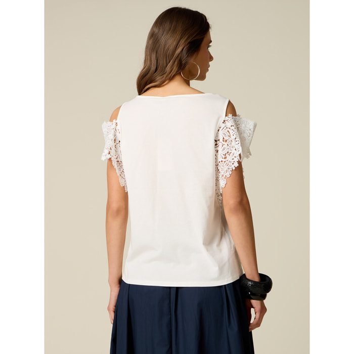 Oltre - Camiseta con mangas de encaje y cut-out - Blanco
