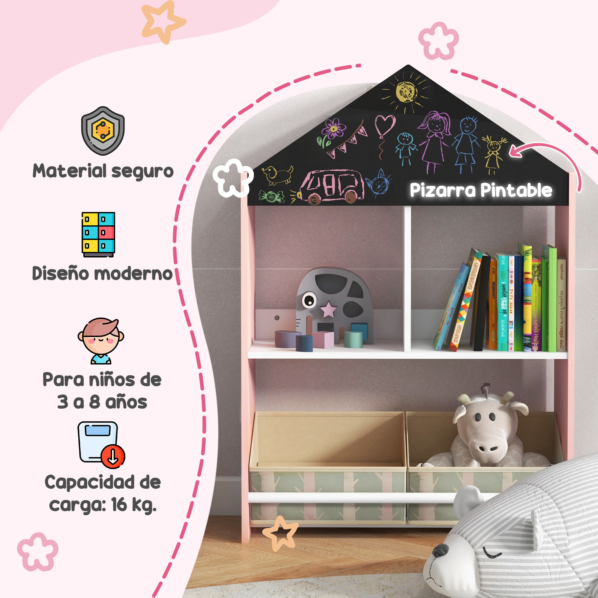 Conjunto para Niños Incluye 1 Estantería para Juguetes con Pizarra Pintable 2 Cajas de Tela no Tejida y 1 Mesa Infantil con 2 Sillas para Dormitorio Sala de Juegos Rosa