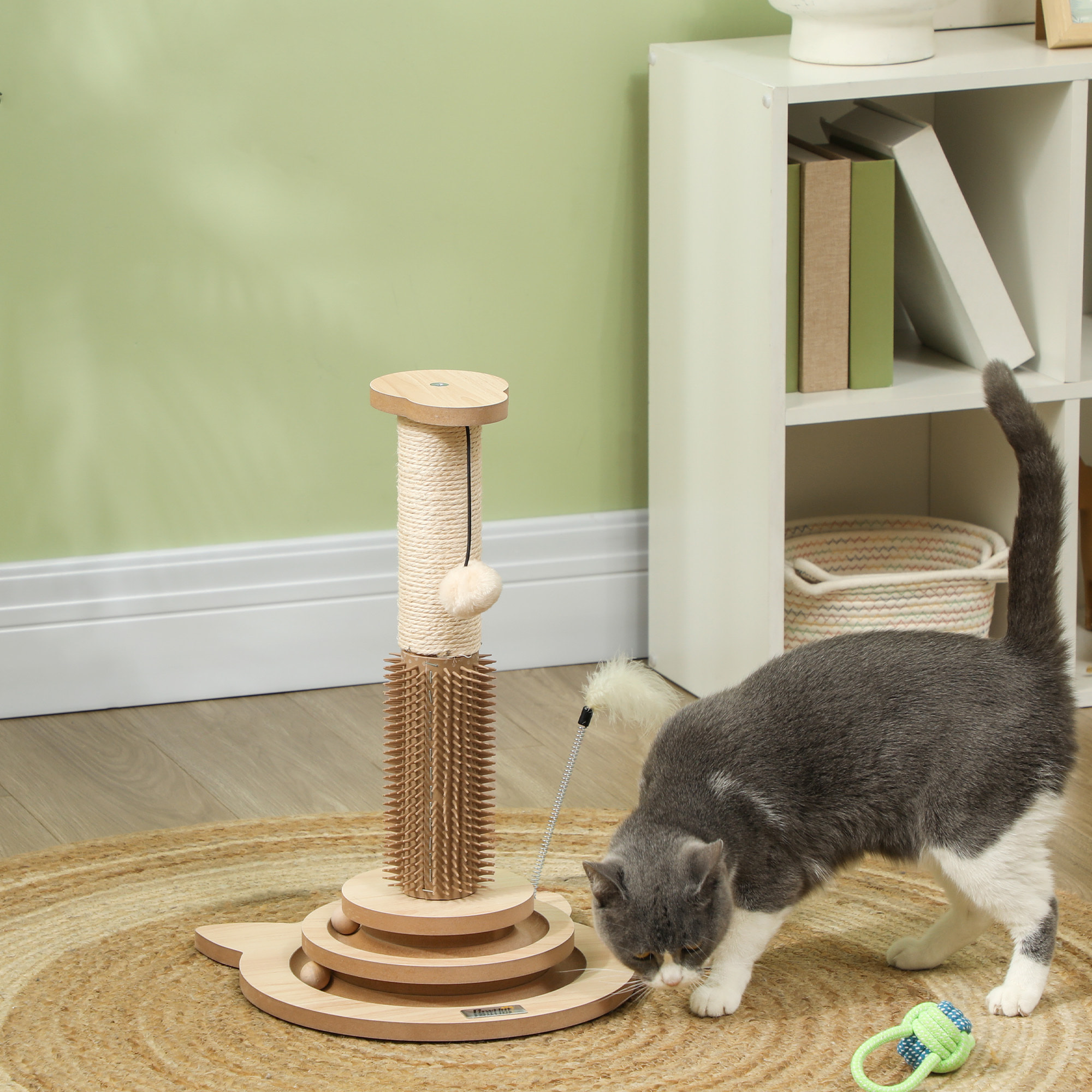 Poste Rascador para Gatos 49 cm Arañador para Gatos con Poste de Sisal Cepillo Carril Giratorio con Bolas de Juego Pluma Elástica y Bola de Juguete Roble