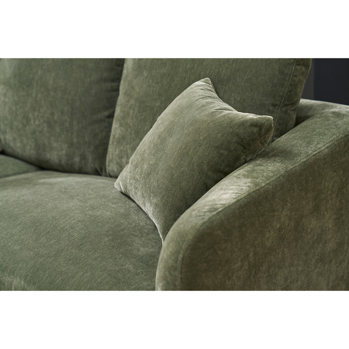 Canapé design 3 places en tissu effet velours vert kaki et métal noir JERRY