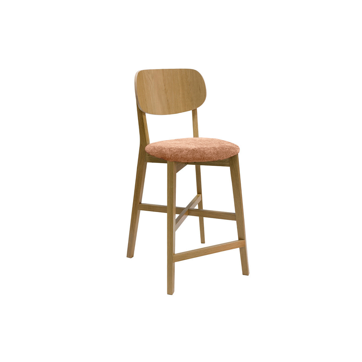 Tabourets de bar en bois clair chêne et tissu effet velours terracotta H65 cm (lot de 2) LUCIA