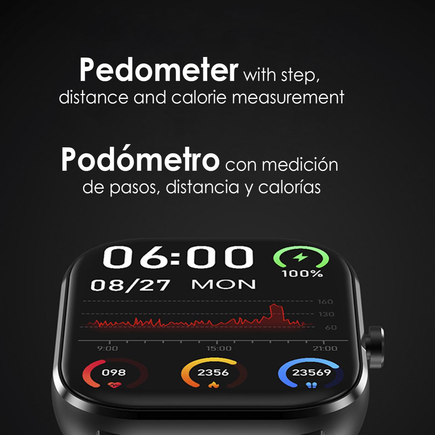 Smartwatch DT35+ con termometro, pressione sanguigna e monitor dell'ossigeno. Notifiche su schermo iOS e Android.