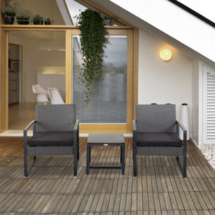 Conjunto de Jardín Exterior de 3 Piezas Juego de 2 Sillas y Mesa de Ratán con Cojines Acolchados y Encimera de Vidrio para Balcón Terraza Gris y Negro