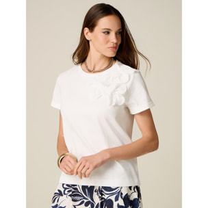 Oltre - T-shirt in cotone con applicazione floreale - Bianco