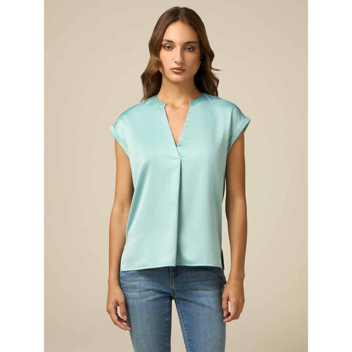 Oltre - T-shirt bimaterica con scollo a V - Verde acqua