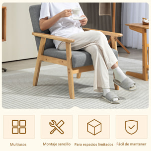 Sillón Individual Sofá Individual Tapizado en Lino con Reposabrazos de Madera Respaldo Acolchado Carga 130 kg Sillón para Salón Dormitorio Gris Claro