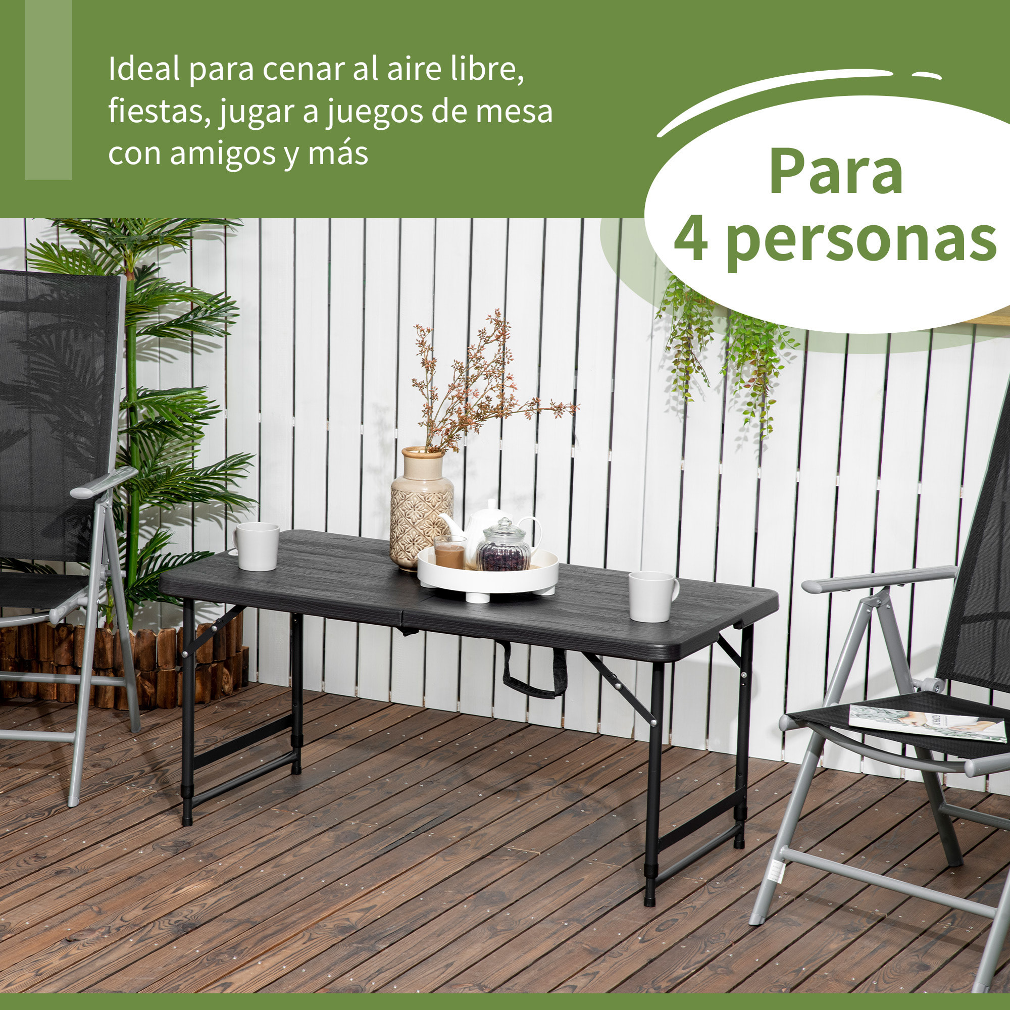 Mesa de Jardín Plegable con Altura Ajustable para 4 Personas 18x60x56-74 cm