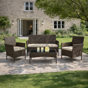 SALOU Ensemble de jardin 4 places en résine tressée marron et coussins beige