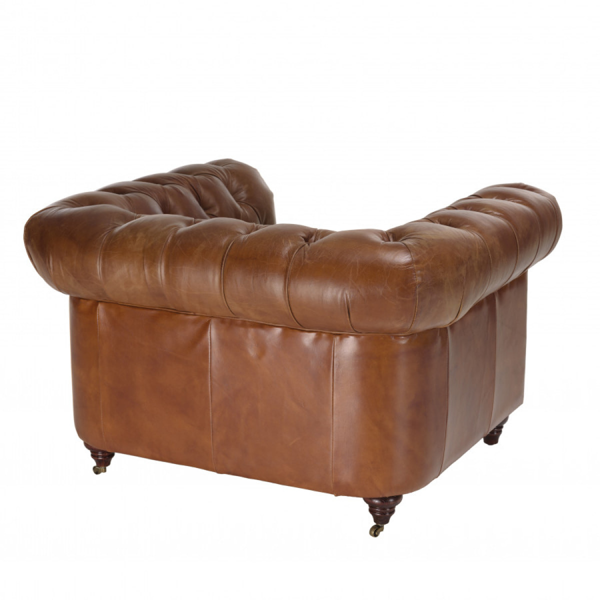 GASTON - Fauteuil marron CHESTERFIELD capitonné vintage 1 place cuir pieds bois