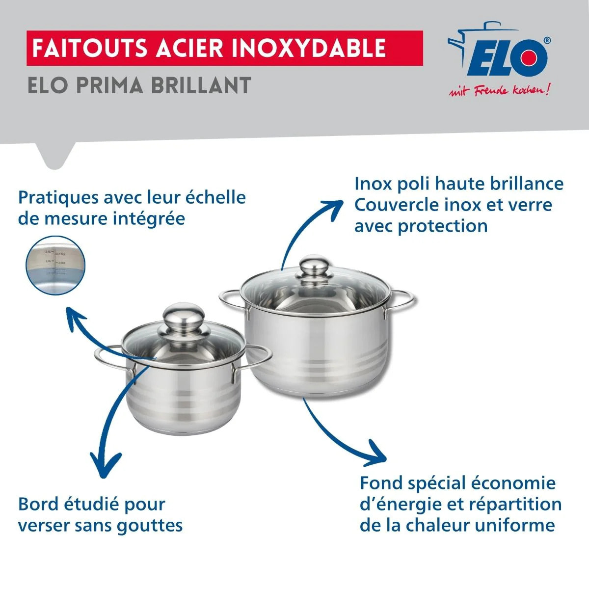 Ensemble de 1 Poêle de cuisson 28 cm et 2 faitouts 16 et 20 cm Elo Prima Brillant