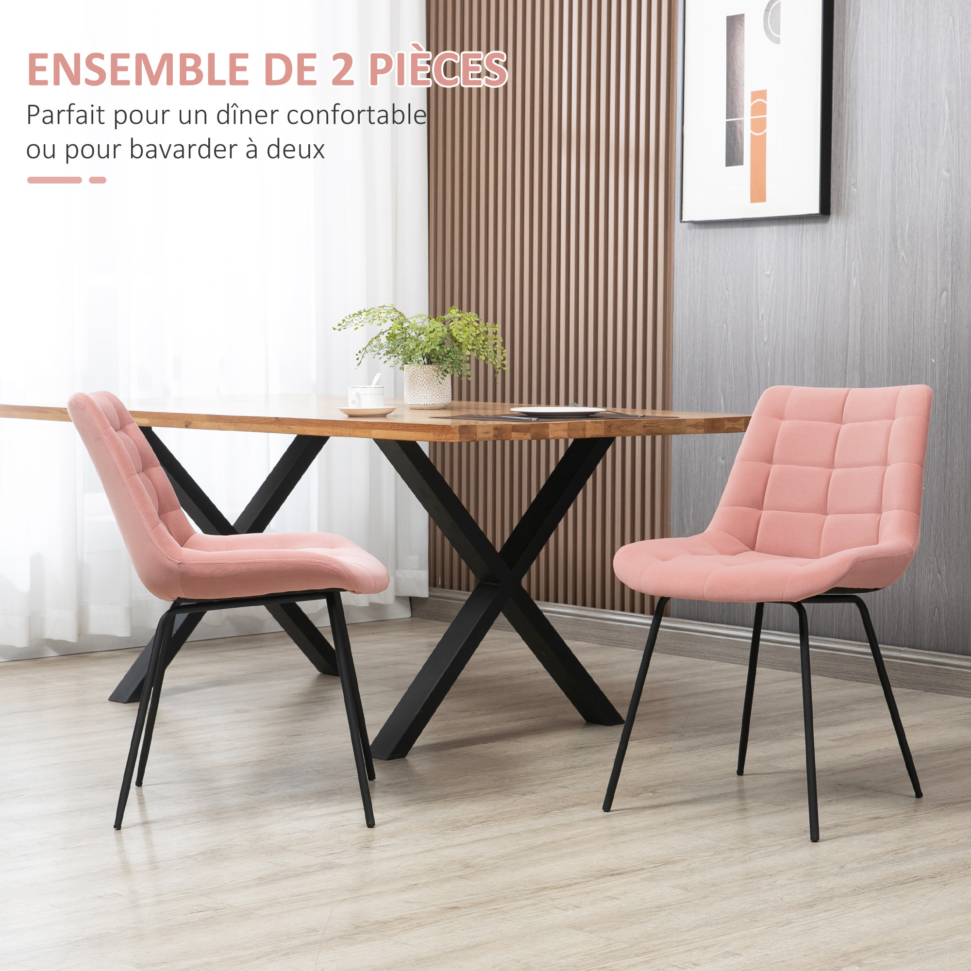 Lot de 2 chaises de salle à manger style chesterfield effet capitonné piètement acier noir velours rose poudré