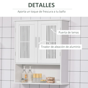 Armario de Pared para Baño Multiusos Mueble de Baño Suspendido Armario Colgante de Almacenamiento con 2 Puertas de Listones Estante Ajustable y Compartimento 60x20x70 cm Blanco