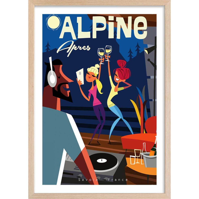 Poster vintage after ski en savoie Affiche + cadre en bois - Chêne
