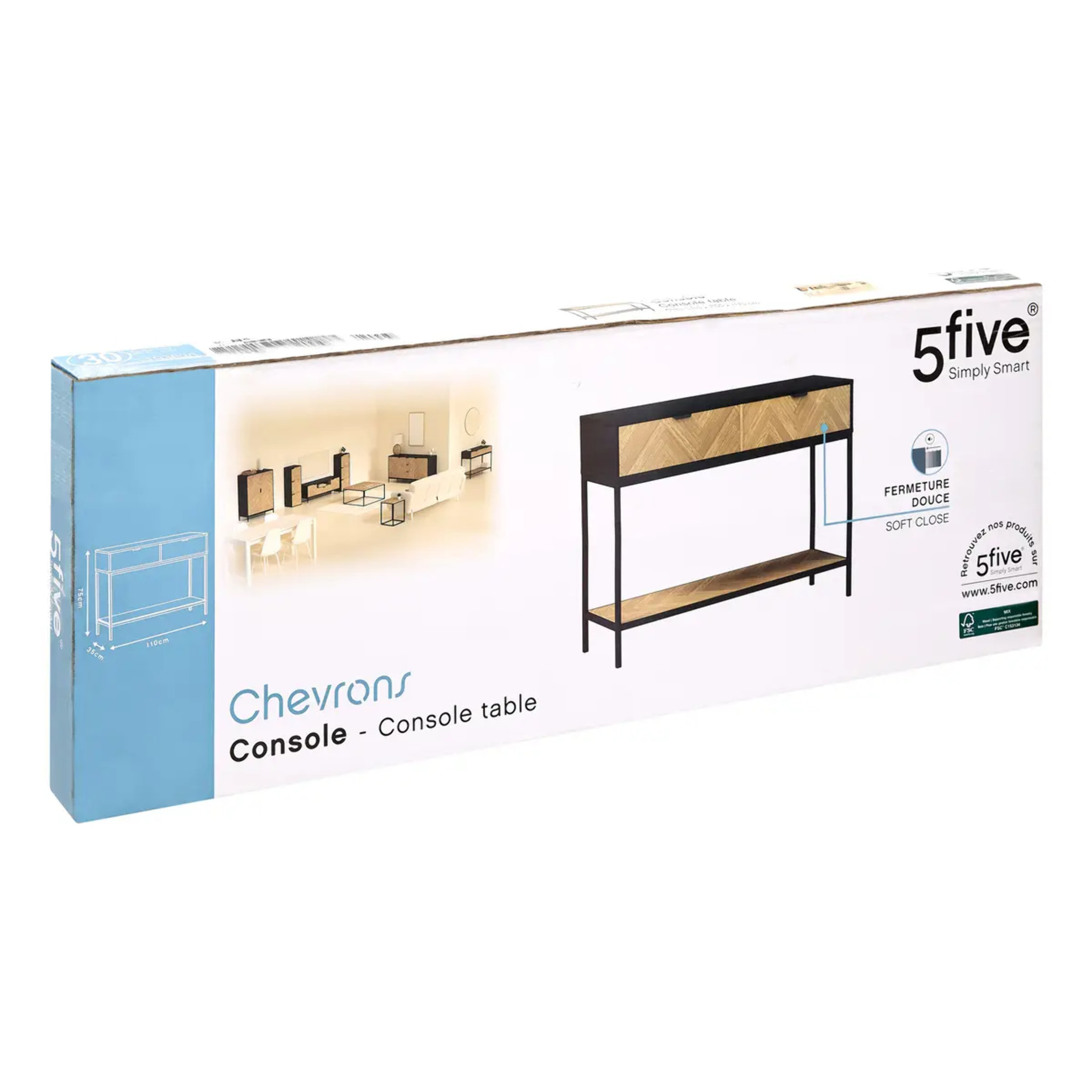 Console "Chevrons" 2 tiroirs effet pin naturel et noir 110x75cm