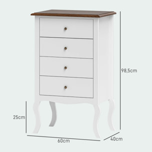 Cómoda con 4 Cajones Cómoda de Dormitorio Estilo Francés con Diseño Anti-vuelco Cajonera para Salón Pasillo 60x40x98,5 cm Blanco y Roble
