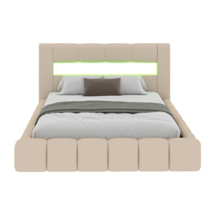 MAKILA Lit nuage coffre LED 140x190cm velours beige avec tête de lit et sommier