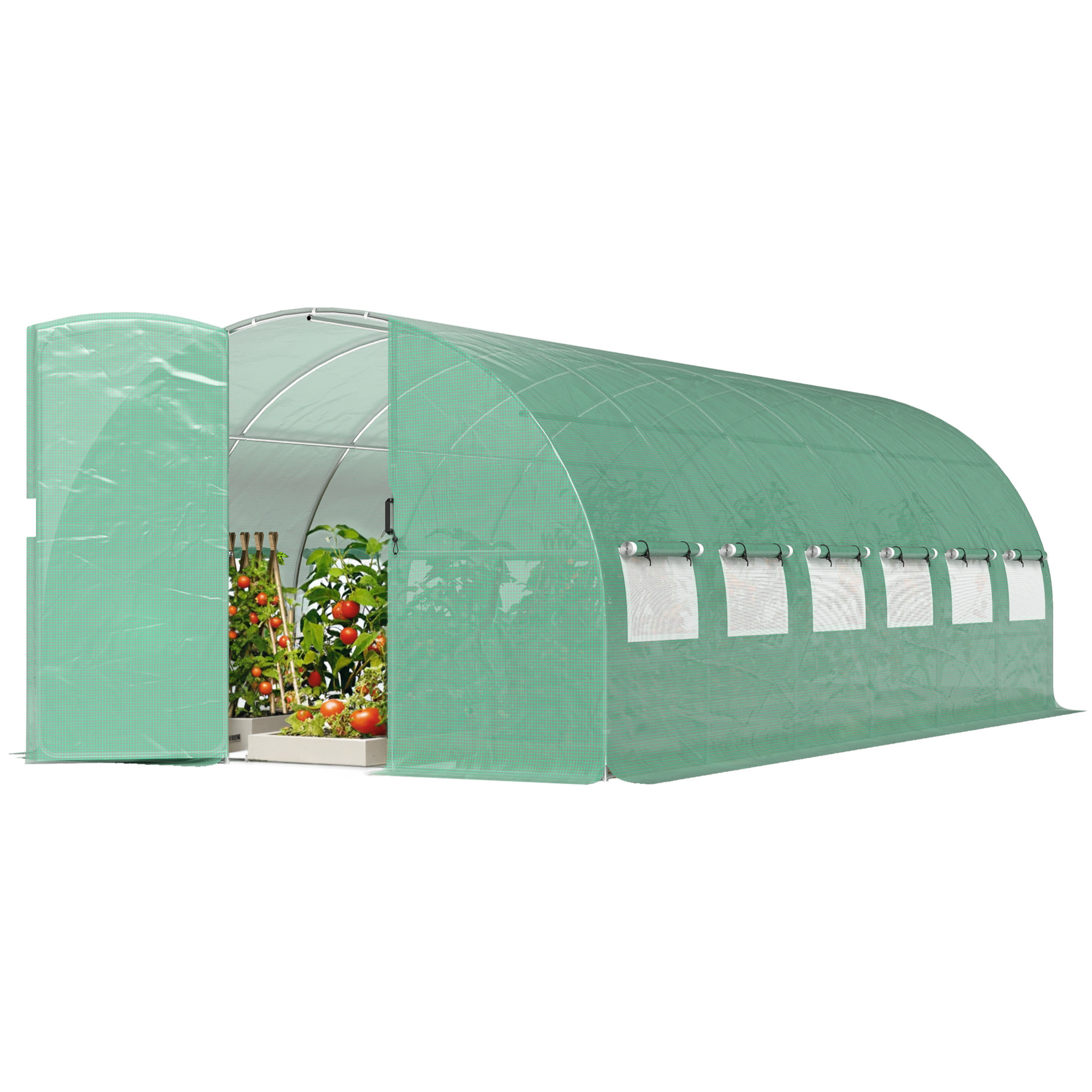 Serre tunnel de jardin 18 m² porte 12 fenêtres enroulables acier PE vert