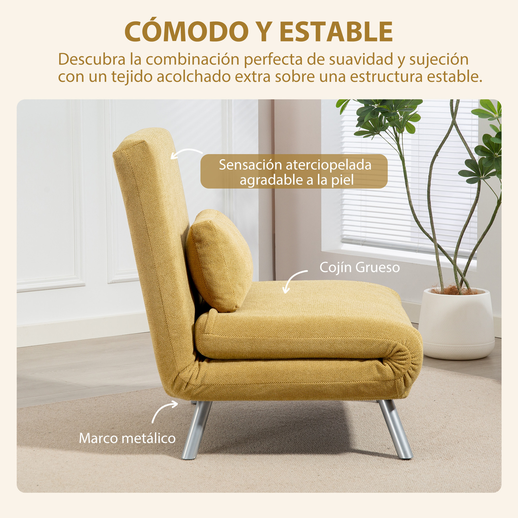 Sofá Cama de 1 Plazas 3 en 1 Sillón Cama Plegable Tapizado en Chenilla con Respaldo Ajustable de 5 Niveles y Almohada Acolchada para Oficina Dormitorio Salón 80x75x83 cm Amarillo