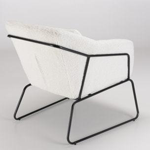 ALBANE - Fauteuil tissu bouclette blanc pieds évasés métal noir