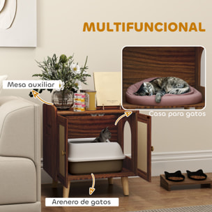 Mueble Arenero para Gatos Caja de Arena para Gatos Mesa Auxiliar con Puertas con Esteras de Sisal Patas de Madera para Salón Dormitorio 55x43x59,6 cm Marrón
