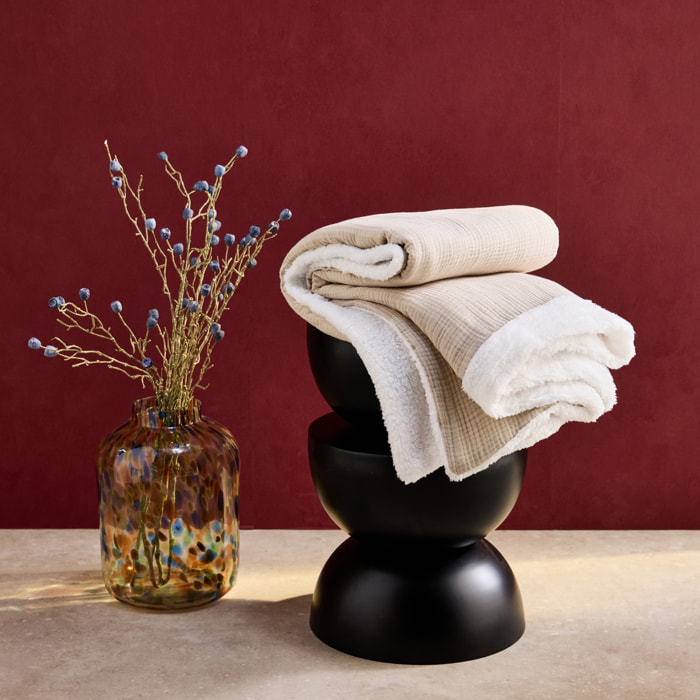 Plaid sherpa et gaze de coton 130 x 170 cm galet. ALIX. bi-matière