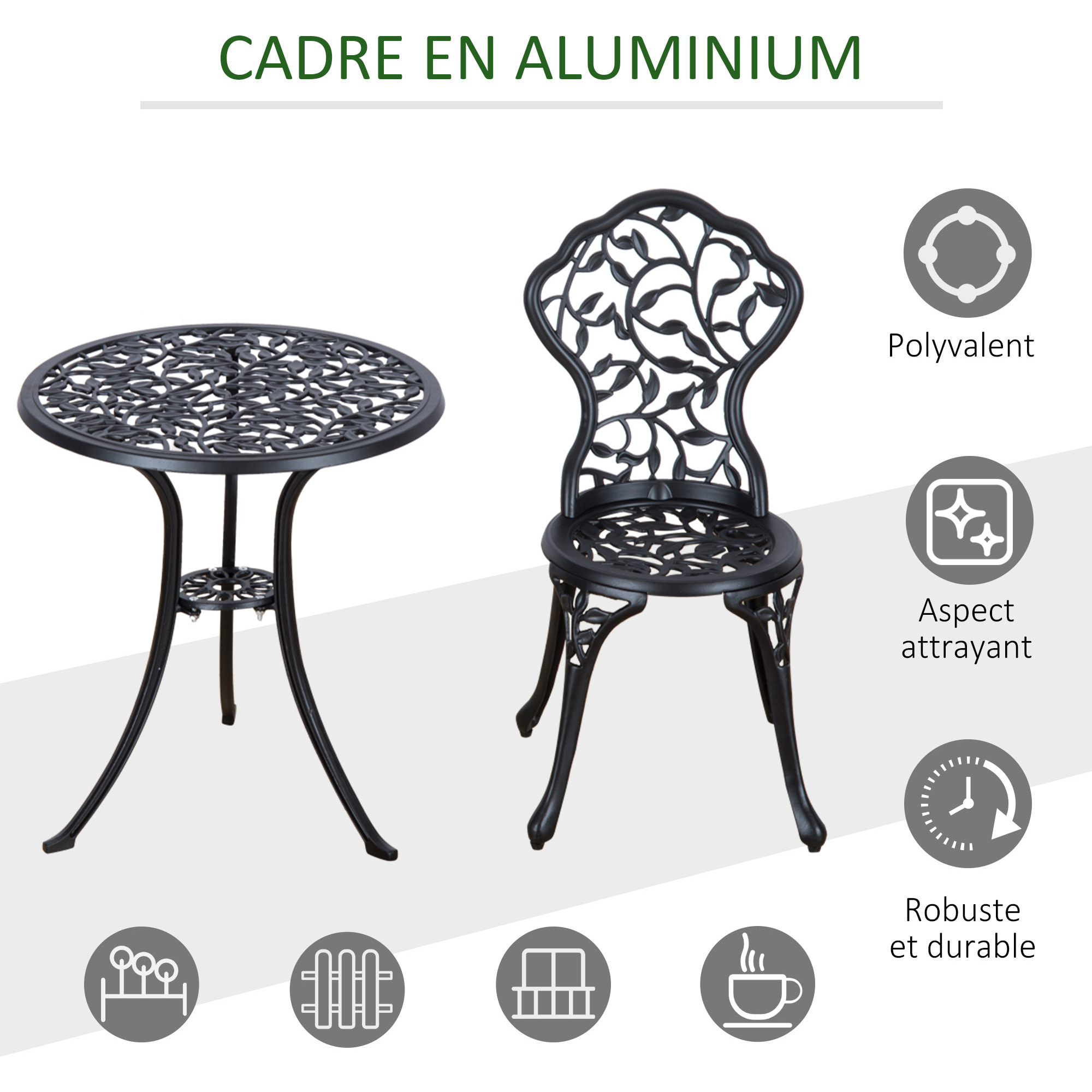 Ensemble salon de jardin 2 places avec table ronde style rétro fonte alu noir